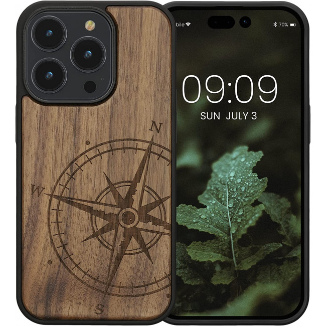 KW iPhone 14 Pro Θήκη από Φυσικό Ξύλο Design Navigational Compass - Dark Brown - 59126.01