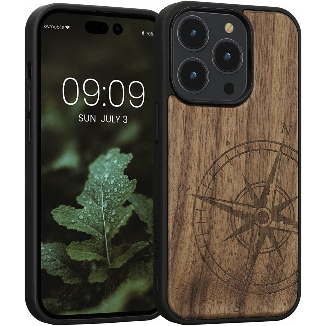 KW iPhone 14 Pro Θήκη από Φυσικό Ξύλο Design Navigational Compass - Dark Brown - 59126.01