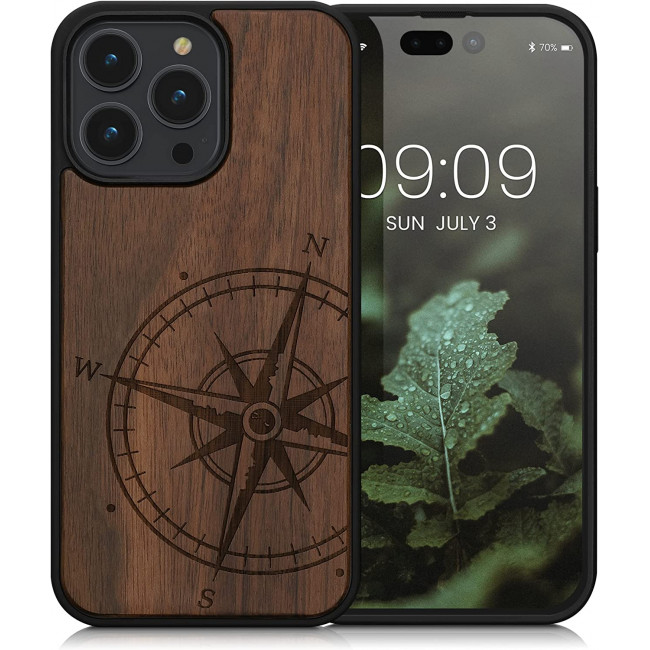 KW iPhone 14 Pro Max Θήκη από Φυσικό Ξύλο Design Navigational Compass - Dark Brown - 59127.01