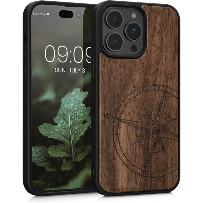 KW iPhone 14 Pro Max Θήκη από Φυσικό Ξύλο Design Navigational Compass - Dark Brown - 59127.01