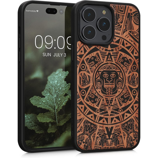 KW iPhone 14 Pro Max Θήκη από Φυσικό Ξύλο Design Mayan Calendar - Brown / Black - 59127.02