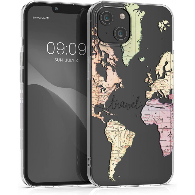 KW iPhone 14 Plus Σκληρή Θήκη με Πλαίσιο Σιλικόνης - Design Travel - Διάφανη - Black / Multicolor - 59137.01