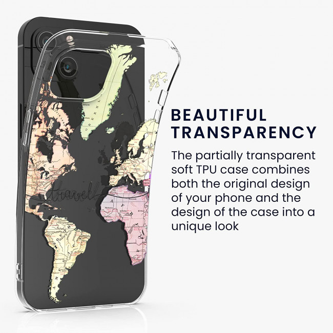 KW iPhone 14 Plus Σκληρή Θήκη με Πλαίσιο Σιλικόνης - Design Travel - Διάφανη - Black / Multicolor - 59137.01