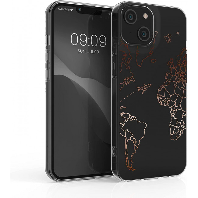 KW iPhone 14 Σκληρή Θήκη με Πλαίσιο Σιλικόνης - Design Travel and Explore - Διάφανη - Rose Gold - 59204.01