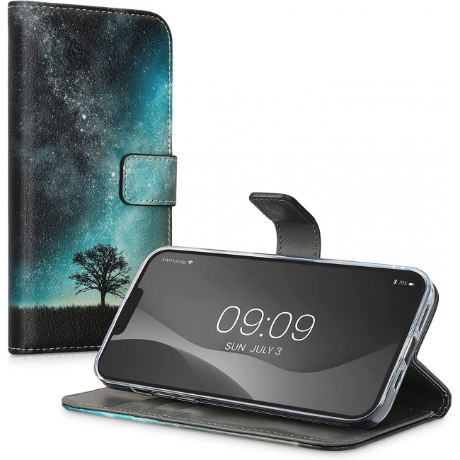 KW iPhone 14 Plus Θήκη Πορτοφόλι Stand - Design Cosmic Nature - Blue / Grey / Black - 59209.01