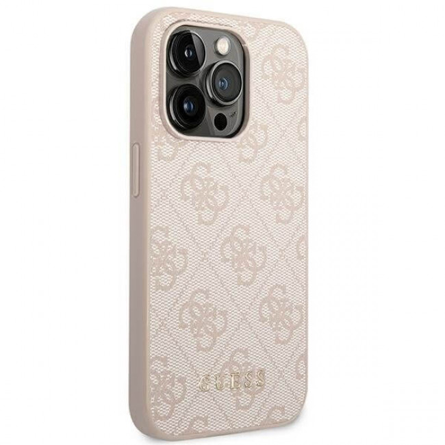 Guess iPhone 14 Pro - 4G Metal Gold Logo Σκληρή Θήκη με Επένδυση Συνθετικού Δέρματος - Pink - GUHCP14LG4GFPI