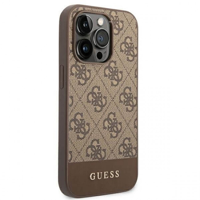 Guess iPhone 14 Pro - 4G Stripe Collection Θήκη με Επένδυση Συνθετικού Δέρματος - Brown - GUHCP14LG4GLBR