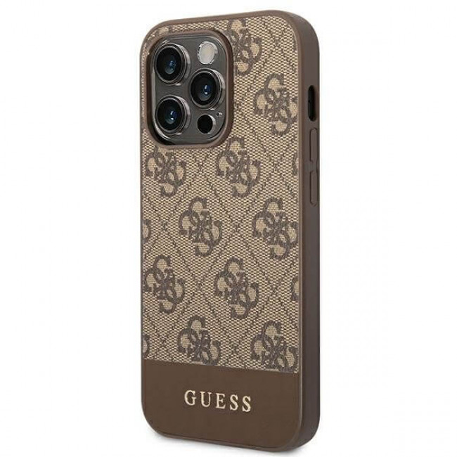 Guess iPhone 14 Pro - 4G Stripe Collection Θήκη με Επένδυση Συνθετικού Δέρματος - Brown - GUHCP14LG4GLBR