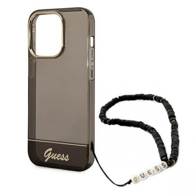 Guess iPhone 14 Pro Pearl Strap Σκληρή Θήκη με Πλαίσιο Σιλικόνης και Λουράκι - Black / Pearl / Semi Clear - GUHCP14LHGCOHK