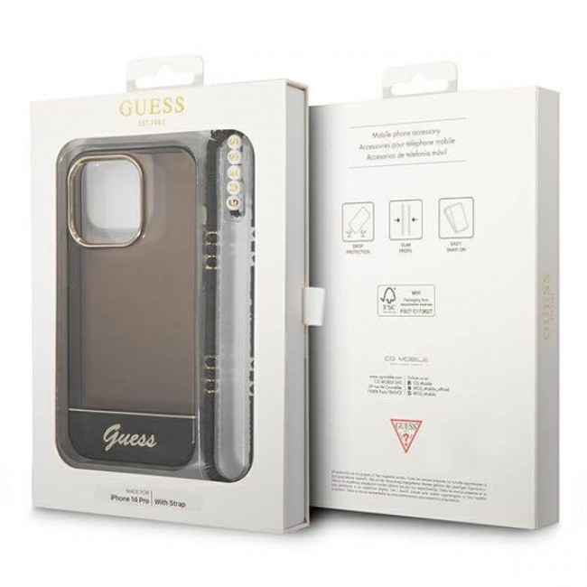 Guess iPhone 14 Pro Pearl Strap Σκληρή Θήκη με Πλαίσιο Σιλικόνης και Λουράκι - Black / Pearl / Semi Clear - GUHCP14LHGCOHK