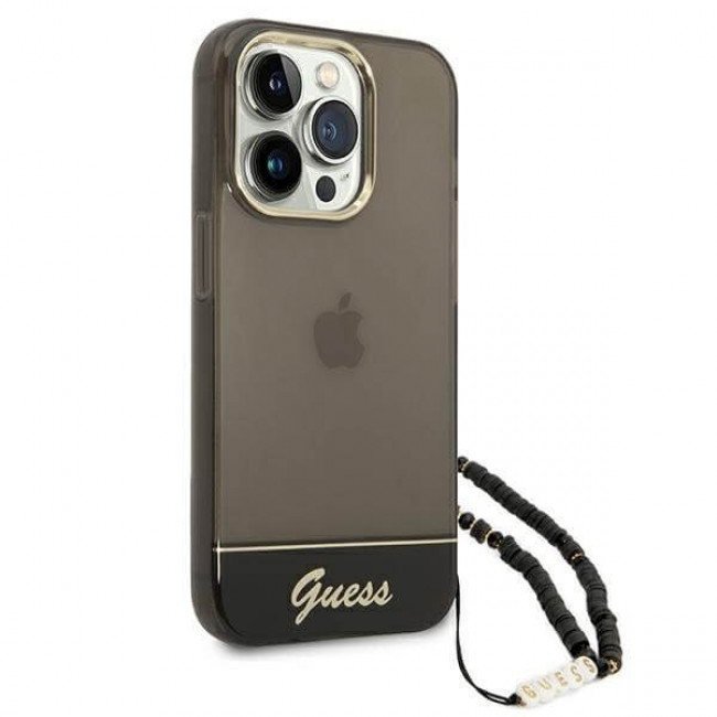 Guess iPhone 14 Pro Pearl Strap Σκληρή Θήκη με Πλαίσιο Σιλικόνης και Λουράκι - Black / Pearl / Semi Clear - GUHCP14LHGCOHK