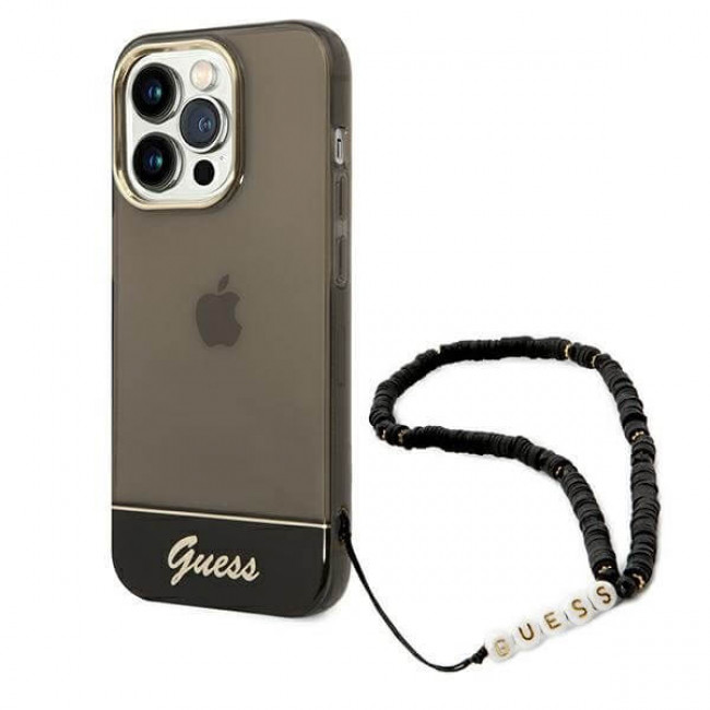 Guess iPhone 14 Pro Pearl Strap Σκληρή Θήκη με Πλαίσιο Σιλικόνης και Λουράκι - Black / Pearl / Semi Clear - GUHCP14LHGCOHK