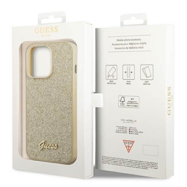 Guess iPhone 14 Pro Glitter Script Σκληρή Θήκη με Πλαίσιο Σιλικόνης - Gold - GUHCP14LHGGSHD