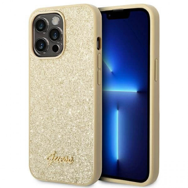 Guess iPhone 14 Pro Glitter Script Σκληρή Θήκη με Πλαίσιο Σιλικόνης - Gold - GUHCP14LHGGSHD