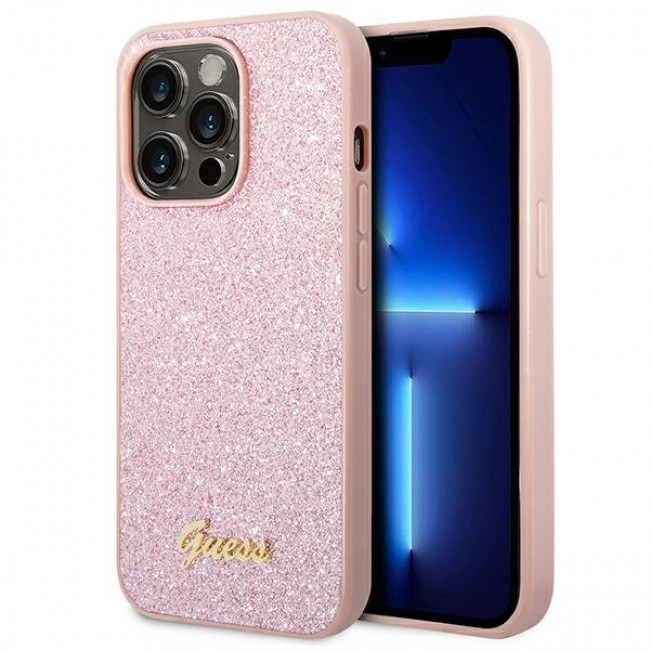 Guess iPhone 14 Pro Glitter Script Σκληρή Θήκη με Πλαίσιο Σιλικόνης - Pink - GUHCP14LHGGSHP