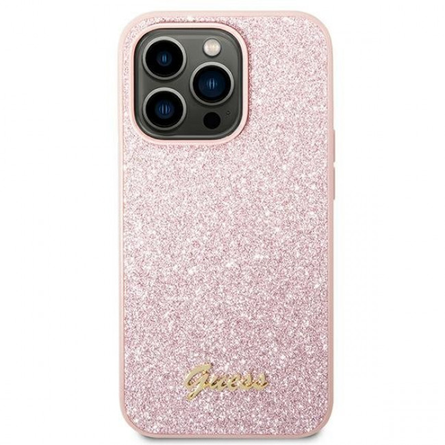 Guess iPhone 14 Pro Glitter Script Σκληρή Θήκη με Πλαίσιο Σιλικόνης - Pink - GUHCP14LHGGSHP