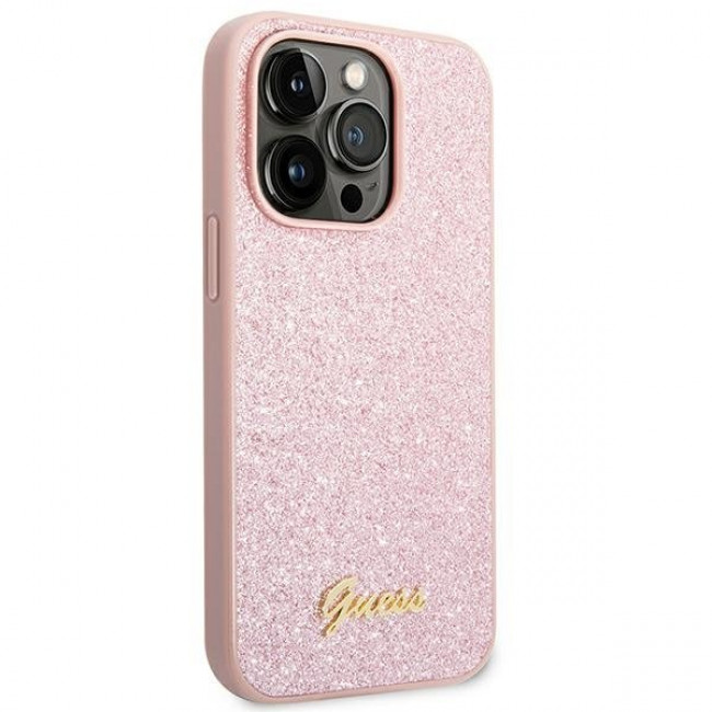 Guess iPhone 14 Pro Glitter Script Σκληρή Θήκη με Πλαίσιο Σιλικόνης - Pink - GUHCP14LHGGSHP