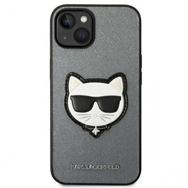 Karl Lagerfeld iPhone 14 - Saffiano Choupette Head Patch Σκληρή Θήκη με Επένδυση Συνθετικού Δέρματος και Πλαίσιο Σιλικόνης - Grey - KLHCP14SSAPCHG