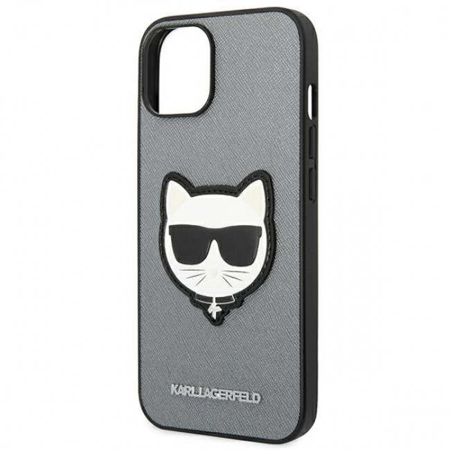 Karl Lagerfeld iPhone 14 - Saffiano Choupette Head Patch Σκληρή Θήκη με Επένδυση Συνθετικού Δέρματος και Πλαίσιο Σιλικόνης - Grey - KLHCP14SSAPCHG