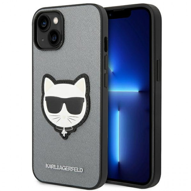 Karl Lagerfeld iPhone 14 - Saffiano Choupette Head Patch Σκληρή Θήκη με Επένδυση Συνθετικού Δέρματος και Πλαίσιο Σιλικόνης - Grey - KLHCP14SSAPCHG