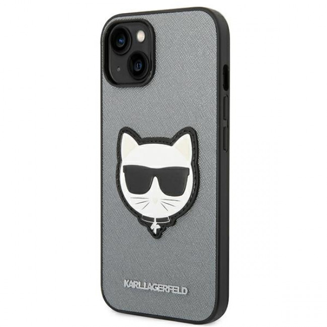 Karl Lagerfeld iPhone 14 Plus - Saffiano Choupette Head Patch Σκληρή Θήκη με Επένδυση Συνθετικού Δέρματος και Πλαίσιο Σιλικόνης - Grey - KLHCP14MSAPCHG