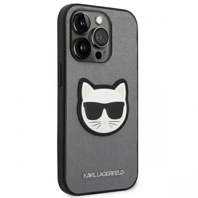 Karl Lagerfeld iPhone 14 Pro - Saffiano Choupette Head Patch Σκληρή Θήκη με Επένδυση Συνθετικού Δέρματος και Πλαίσιο Σιλικόνης - Grey - KLHCP14LSAPCHG