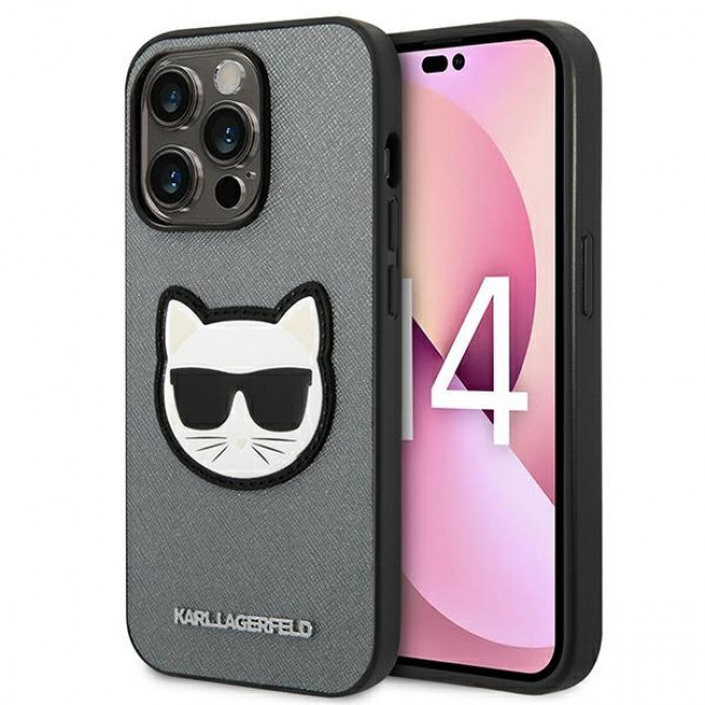 Karl Lagerfeld iPhone 14 Pro - Saffiano Choupette Head Patch Σκληρή Θήκη με Επένδυση Συνθετικού Δέρματος και Πλαίσιο Σιλικόνης - Grey - KLHCP14LSAPCHG