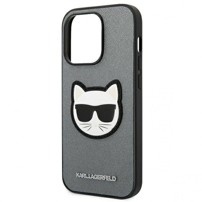 Karl Lagerfeld iPhone 14 Pro - Saffiano Choupette Head Patch Σκληρή Θήκη με Επένδυση Συνθετικού Δέρματος και Πλαίσιο Σιλικόνης - Grey - KLHCP14LSAPCHG