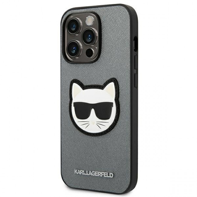 Karl Lagerfeld iPhone 14 Pro - Saffiano Choupette Head Patch Σκληρή Θήκη με Επένδυση Συνθετικού Δέρματος και Πλαίσιο Σιλικόνης - Grey - KLHCP14LSAPCHG