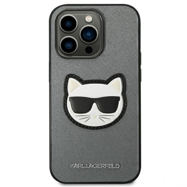 Karl Lagerfeld iPhone 14 Pro - Saffiano Choupette Head Patch Σκληρή Θήκη με Επένδυση Συνθετικού Δέρματος και Πλαίσιο Σιλικόνης - Grey - KLHCP14LSAPCHG