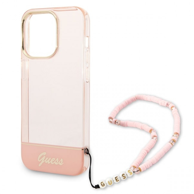 Guess iPhone 14 Pro Pearl Strap Σκληρή Θήκη με Πλαίσιο Σιλικόνης και Λουράκι - Pink / Pearl / Semi Clear - GUHCP14LHGCOHP