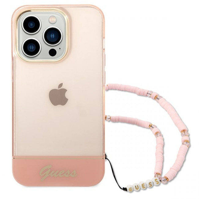 Guess iPhone 14 Pro Pearl Strap Σκληρή Θήκη με Πλαίσιο Σιλικόνης και Λουράκι - Pink / Pearl / Semi Clear - GUHCP14LHGCOHP