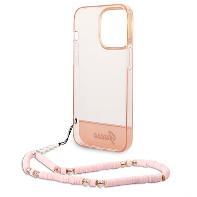 Guess iPhone 14 Pro Pearl Strap Σκληρή Θήκη με Πλαίσιο Σιλικόνης και Λουράκι - Pink / Pearl / Semi Clear - GUHCP14LHGCOHP