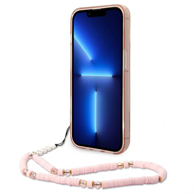 Guess iPhone 14 Pro Pearl Strap Σκληρή Θήκη με Πλαίσιο Σιλικόνης και Λουράκι - Pink / Pearl / Semi Clear - GUHCP14LHGCOHP