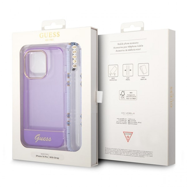 Guess iPhone 14 Pro Pearl Strap Σκληρή Θήκη με Πλαίσιο Σιλικόνης και Λουράκι - Purple / Pearl / Semi Clear - GUHCP14LHGCOHU