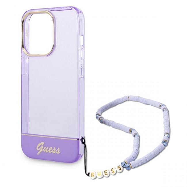 Guess iPhone 14 Pro Pearl Strap Σκληρή Θήκη με Πλαίσιο Σιλικόνης και Λουράκι - Purple / Pearl / Semi Clear - GUHCP14LHGCOHU