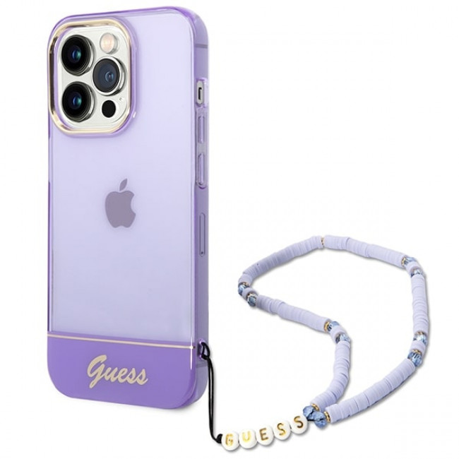 Guess iPhone 14 Pro Pearl Strap Σκληρή Θήκη με Πλαίσιο Σιλικόνης και Λουράκι - Purple / Pearl / Semi Clear - GUHCP14LHGCOHU