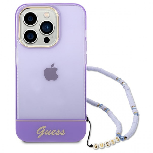 Guess iPhone 14 Pro Pearl Strap Σκληρή Θήκη με Πλαίσιο Σιλικόνης και Λουράκι - Purple / Pearl / Semi Clear - GUHCP14LHGCOHU