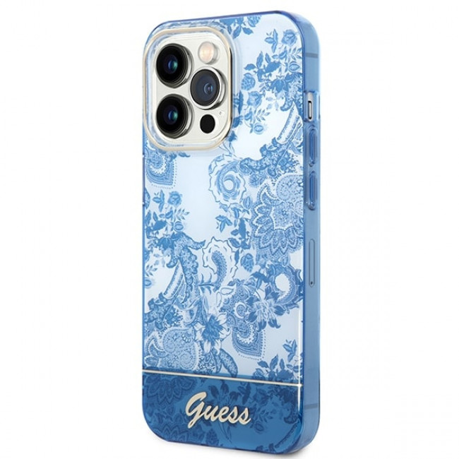 Guess iPhone 14 Pro Porcelain Collection Σκληρή Θήκη με Πλαίσιο Σιλικόνης - Blue - GUHCP14LHGPLHB