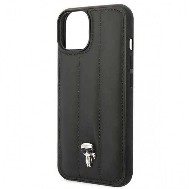 Karl Lagerfeld iPhone 14 - Puffy Ikonik Pin Σκληρή Θήκη με Επένδυση Συνθετικού Δέρματος και Πλαίσιο Σιλικόνης - Black - KLHCP14SPSQPK