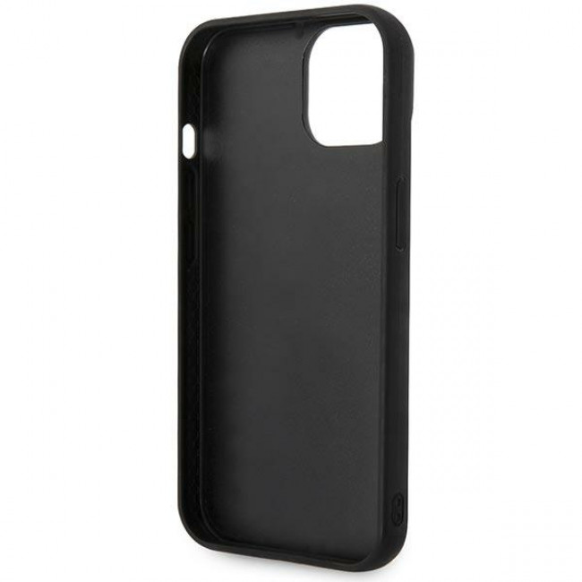 Karl Lagerfeld iPhone 14 - Puffy Elongated Logo Σκληρή Θήκη με Επένδυση Συνθετικού Δέρματος και Πλαίσιο Σιλικόνης - Black - KLHCP14SPSQAK