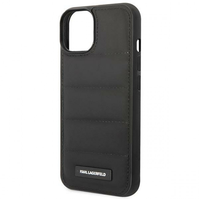 Karl Lagerfeld iPhone 14 - Puffy Elongated Logo Σκληρή Θήκη με Επένδυση Συνθετικού Δέρματος και Πλαίσιο Σιλικόνης - Black - KLHCP14SPSQAK