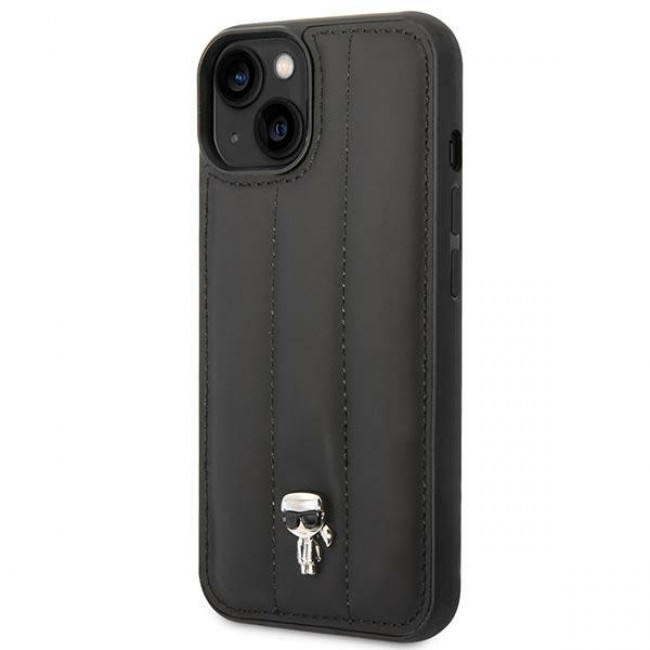 Karl Lagerfeld iPhone 14 Plus - Puffy Ikonik Pin Σκληρή Θήκη με Επένδυση Συνθετικού Δέρματος και Πλαίσιο Σιλικόνης - Black - KLHCP14MPSQPK