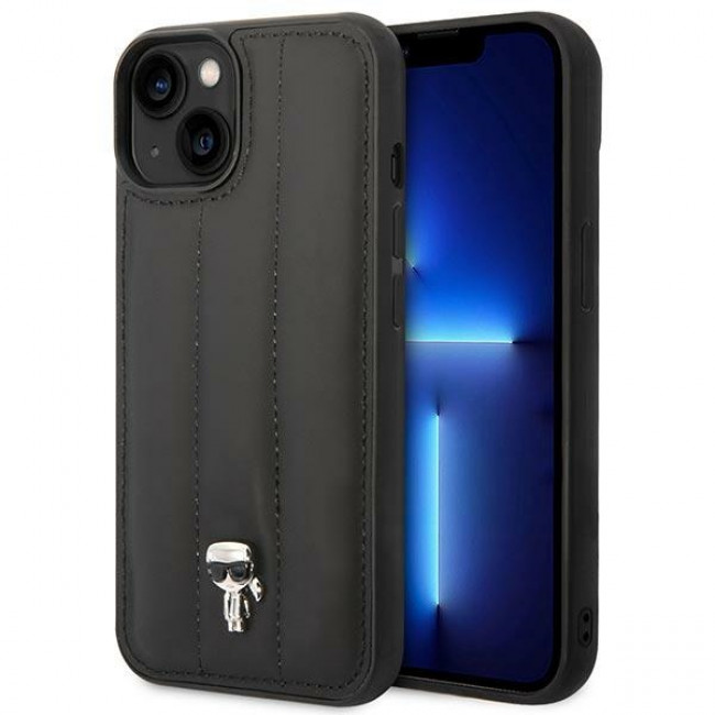 Karl Lagerfeld iPhone 14 Plus - Puffy Ikonik Pin Σκληρή Θήκη με Επένδυση Συνθετικού Δέρματος και Πλαίσιο Σιλικόνης - Black - KLHCP14MPSQPK