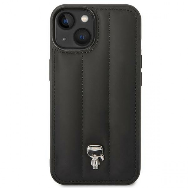 Karl Lagerfeld iPhone 14 Plus - Puffy Ikonik Pin Σκληρή Θήκη με Επένδυση Συνθετικού Δέρματος και Πλαίσιο Σιλικόνης - Black - KLHCP14MPSQPK