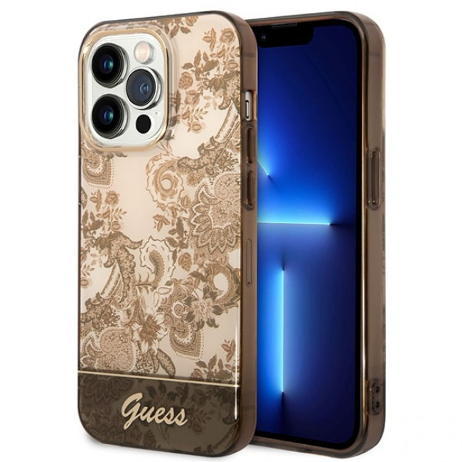 Guess iPhone 14 Pro Porcelain Collection Σκληρή Θήκη με Πλαίσιο Σιλικόνης - Ochre - GUHCP14LHGPLHC