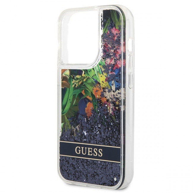 Guess iPhone 14 Pro Flower Liquid Glitter Σκληρή Θήκη - Blue - GUHCP14LLFLSB