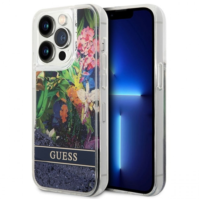 Guess iPhone 14 Pro Flower Liquid Glitter Σκληρή Θήκη - Blue - GUHCP14LLFLSB