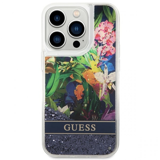 Guess iPhone 14 Pro Flower Liquid Glitter Σκληρή Θήκη - Blue - GUHCP14LLFLSB