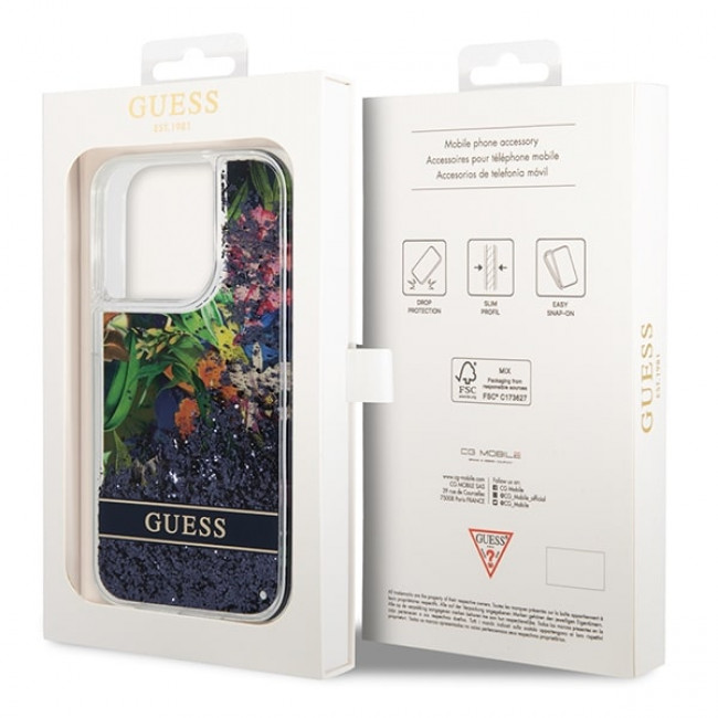 Guess iPhone 14 Pro Flower Liquid Glitter Σκληρή Θήκη - Blue - GUHCP14LLFLSB